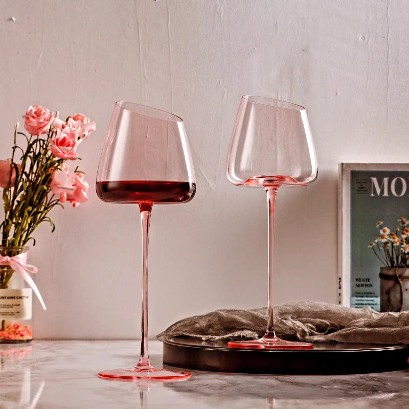 Oblique pink red wine glasses